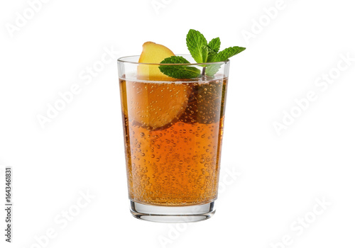 Elegant glass with sparkling amber kombucha, condensation, rising bubbles, garnished with ginger and mint on seamless transparent. Concept for premium beverage advertising