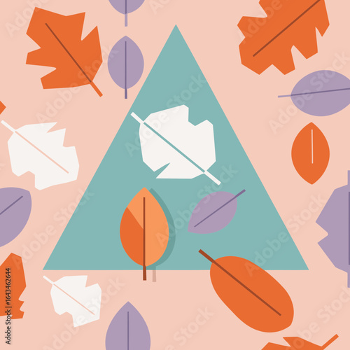 Autumnal leaf design with geometric shapes in pastel colors. Abstract arrangement of leaves in various shades of orange, purple, and white, creating a triangular pattern on a blush background.