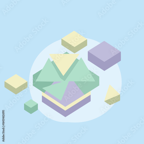 Abstract geometric shapes in pastel colors arranged in a complex composition against a light blue background. A visually appealing and dynamic design element with no people or objects.
