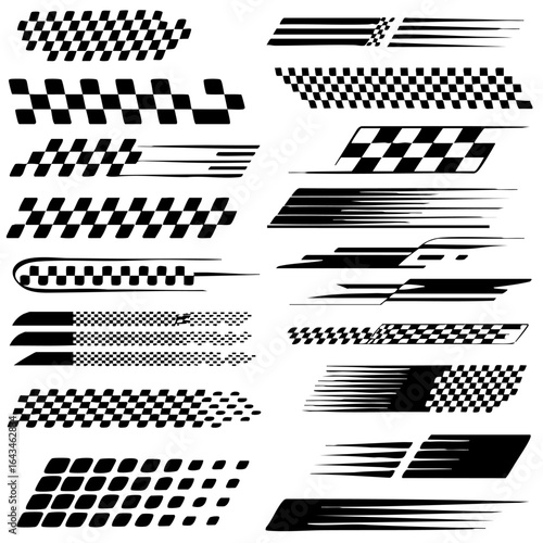 Collection of checkered race flag graphics and motion speed lines for auto decals. Quality vector set.