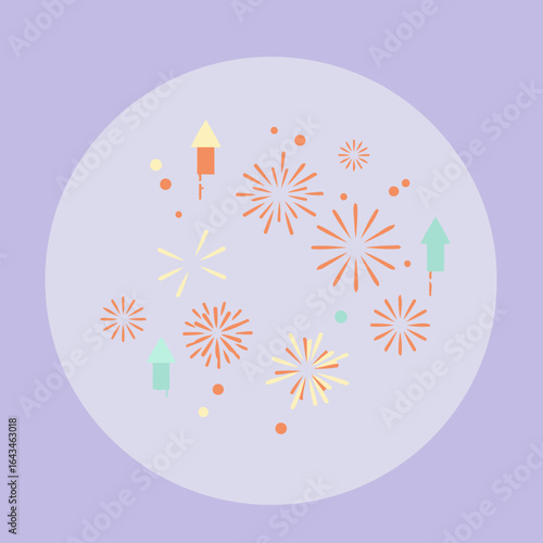 Colorful firework display design featuring various pastel colors against a lavender background. Abstract fireworks and rockets in a celebratory arrangement.