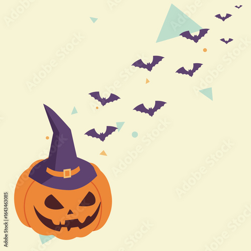 Halloween pumpkin with witch's hat; bats flying in a pastel background. Flat design; general public use. Decorative Halloween illustration. Generic -