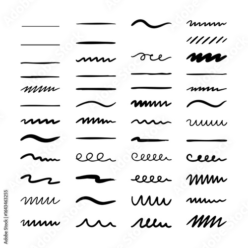 Flat vector collection of hand-drawn underlines, brush strokes, and graphic design elements.