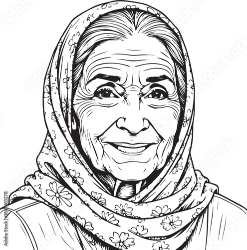 Wisdom and Grace: An illustration depicting a serene elderly woman, draped in a headscarf and etched with the lines of a life fully lived. The gentle curve of her smile reflects years of experience.