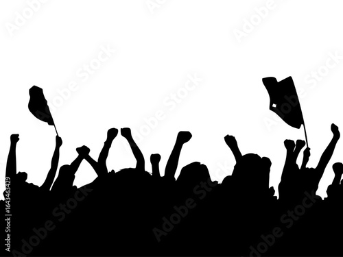 Silhouette of a crowd of people protesting with raised fists and flags vector illustration