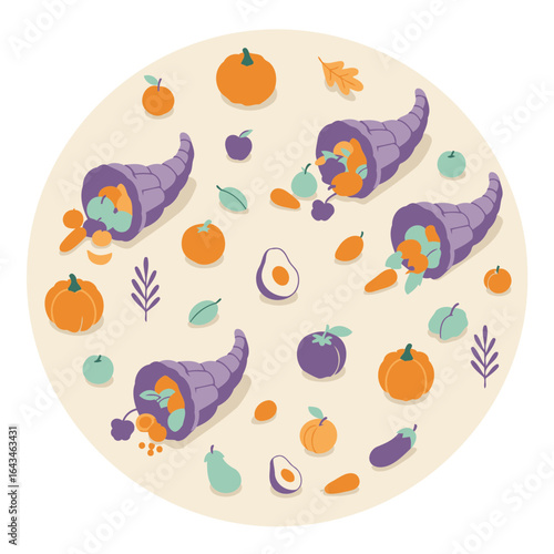 Thanksgiving cornucopia filled with assorted fruits and vegetables displayed in a circular pattern on a light beige background. Colorful autumnal harvest elements arranged artistically.