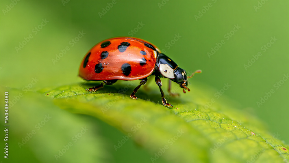 Fototapeta premium Close up of a red ladybug with black spots on a green leaf