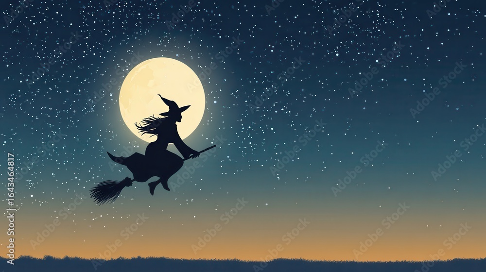 custom made wallpaper toronto digitalSilhouette Witch Flying on Broom Under Full Moon at Night