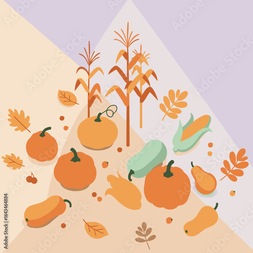 Autumnal harvest scene with pumpkins, gourds, and corn displayed in an isometric design. Colorful fall produce with neutral background.