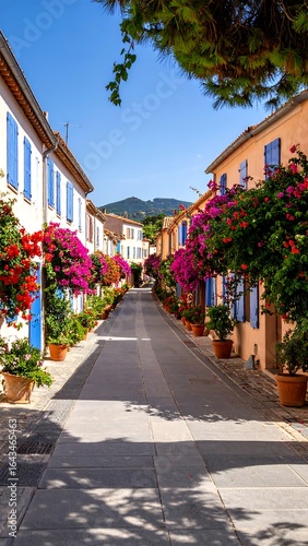 A sunny, colorful street lined with flowers and houses