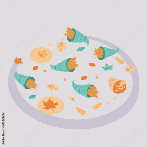 Autumnal cornucopia display on a pale cream platter with fall leaves and grains. Abundant harvest bounty. Graphic design for Thanksgiving or autumn theme -