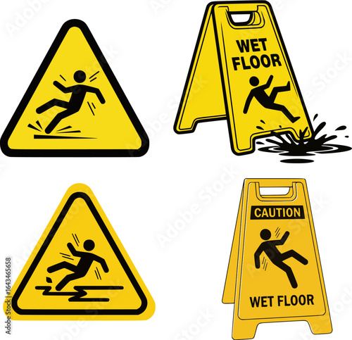 A yellow wet floor sign with a black silhouette of a person slipping and falling on the floor surface