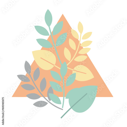 Abstract arrangement of pastel leaves in a triangular shape against a white background. Simple, graphic design with soft color palette and minimalist style.