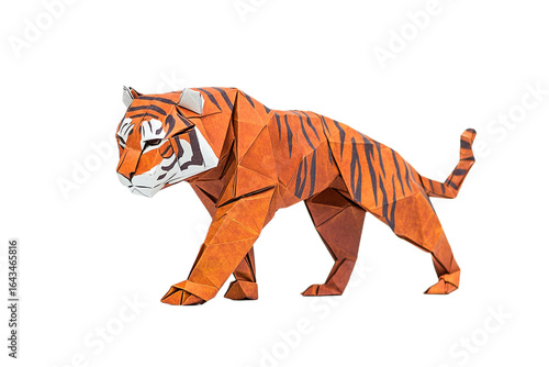 Striking origami tiger with geometric facets and stripes on transparent background