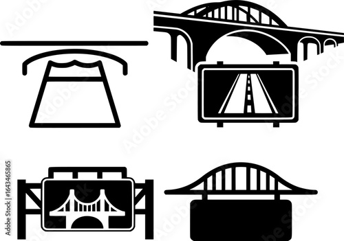 Illustration of a black highway or motorway sign with a bridge over it 