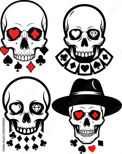 Black and white skull with heart and diamond eyes and playing card suit symbols 