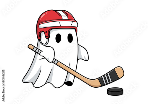Cute ghost mascot character playing ice hockey with a stick and puck. A funny cartoon illustration for Halloween or sports teams.
