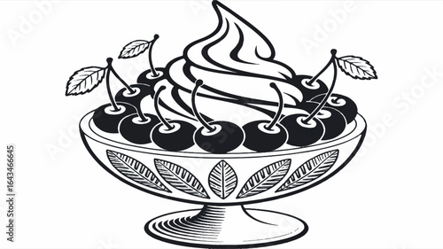 A black and white line art illustration of a dessert sundae in an ornate pedestal bowl.