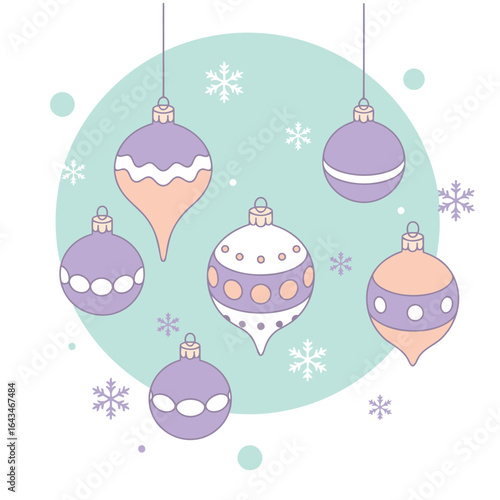 Christmas ornaments in pastel colors displayed against a mint-green circle with snowflakes. Charming decorative ornaments hanging with a whimsical design, set against a wintery backdrop.