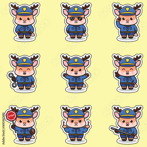 Original vector illustration. Vector illustration cute Deer police officer. Vector illustration Cute Deer dressed as a police officer. Vector illustration Set of police element. Police animals.
