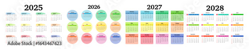 Set of calendars for 2025, 2026, 2027 and 2028 on a white background