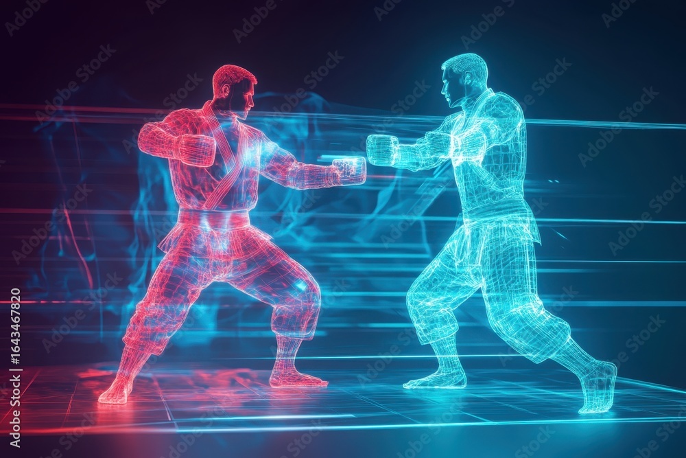 Obraz premium Two digital fighters engage in a virtual martial arts duel in a futuristic setting