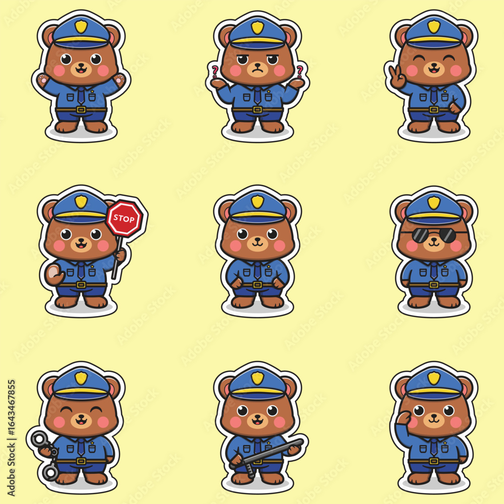 Fototapeta premium Original vector illustration. Vector illustration cute Bear police officer. Vector illustration Cute Bear dressed as a police officer. Vector illustration Set of police element. Police animals.