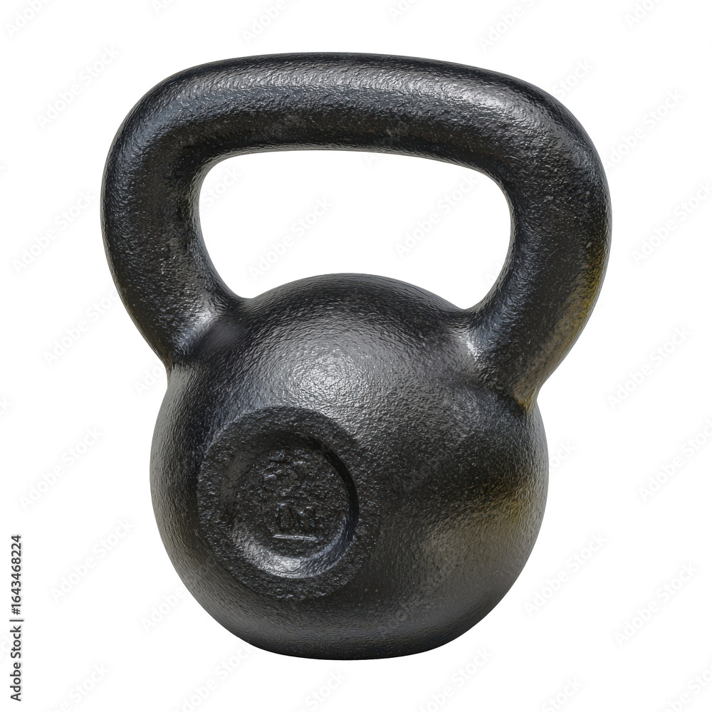Fototapeta premium Black cast iron kettlebell isolated on transparent background, Strength training workout, Kettlebell with handle, Strength training and fitness.
