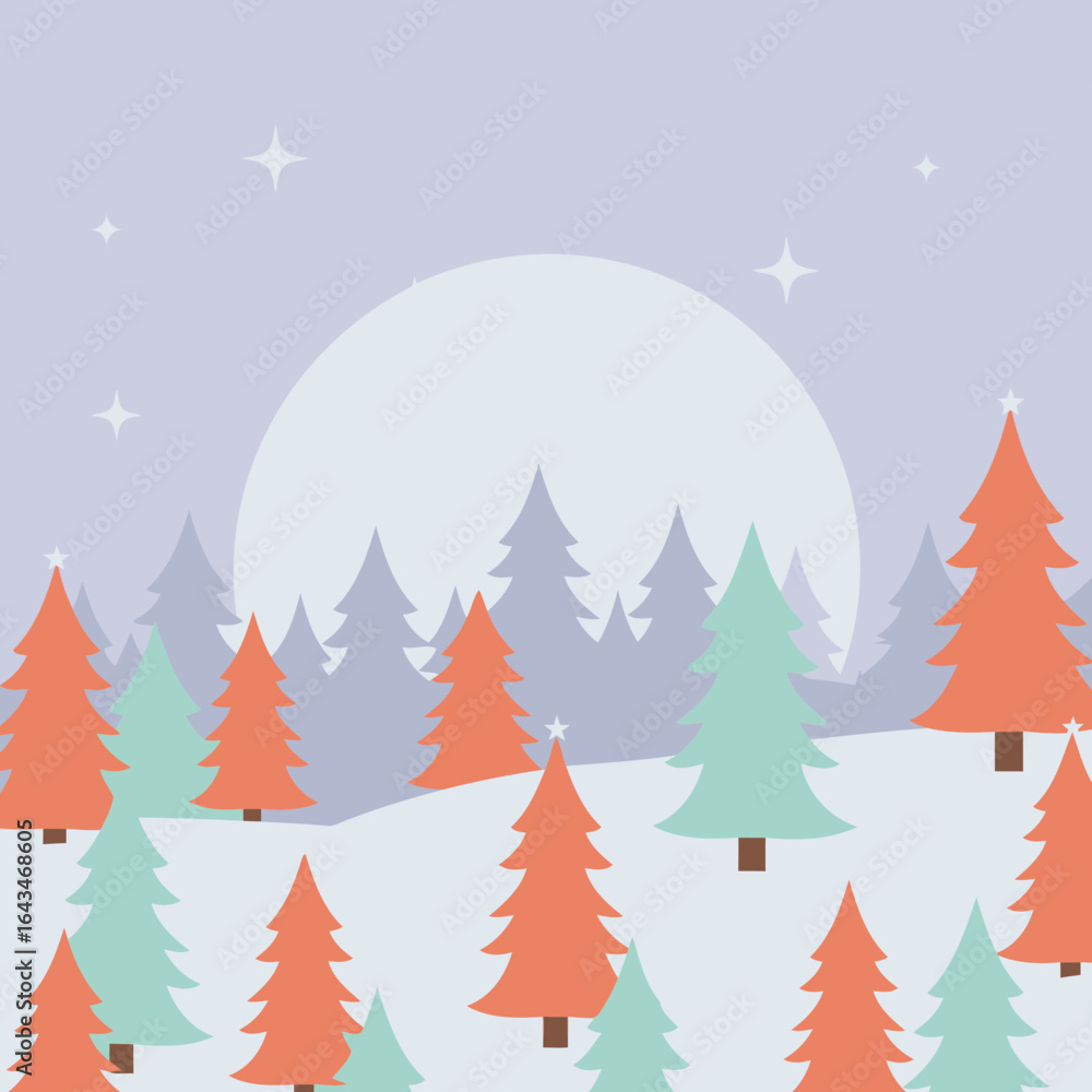 Obraz premium Winter forest scene with stylized Christmas trees in muted tones. Simple, flat design of Christmas trees with a snowy landscape under a pale moon and starry sky.