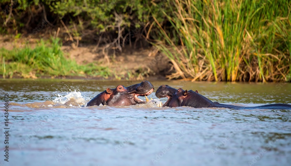 Three hippos interact in a murky river, splashing water Three hippos interact in a murky river, splashing water