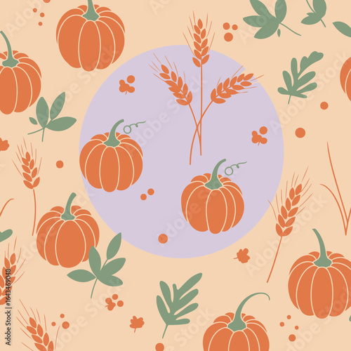 Pumpkin and wheat graphic design pattern in muted colors on a pastel background. Abstract autumnal motif with pumpkins, wheat, and leaves in a repeating pattern.