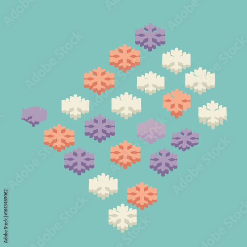 Wallpaper Mural Abstract design of multiple, colorful, 3D snowflakes in pastel shades of orange, purple, and cream, arranged in an overlapping pattern on a light teal background. Torontodigital.ca