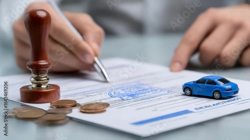 Focused hand signing car loan agreement, stamping finance contract