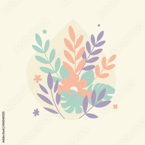 Pastel floral bouquet graphic design in a muted color palette. Abstract arrangement of flowers and leaves against a light cream background.