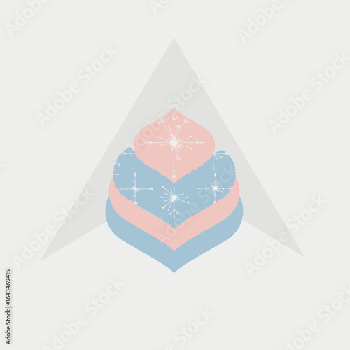 Abstract stacked shapes with pastel colors and wintery snowflake pattern. Layered design with a soft, decorative aesthetic.
