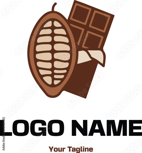 A logo featuring a cocoa pod and a chocolate bar with text LOGO NAME and Your Tagline below
