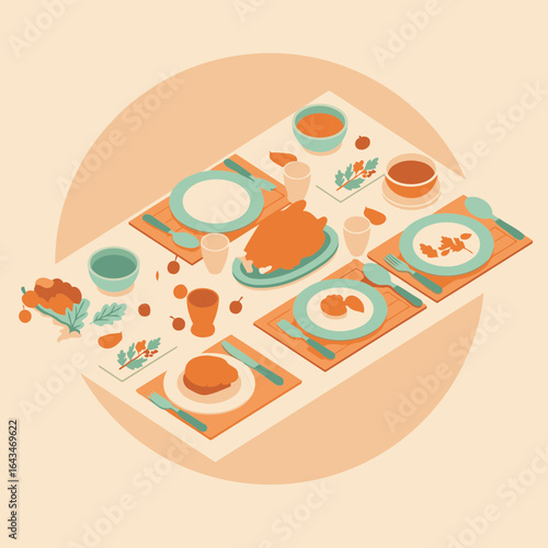 Thanksgiving dinner table setting with autumnal decor. Isometric view of a beautifully set table, featuring roasted chicken and fall-themed elements, showcasing the festive atmosphere.