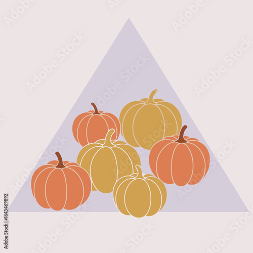 Pumpkin illustration with autumnal colors in a geometric shape. Group of pumpkins in various shades of orange and yellow arranged in a triangular layout against a pale purple background.