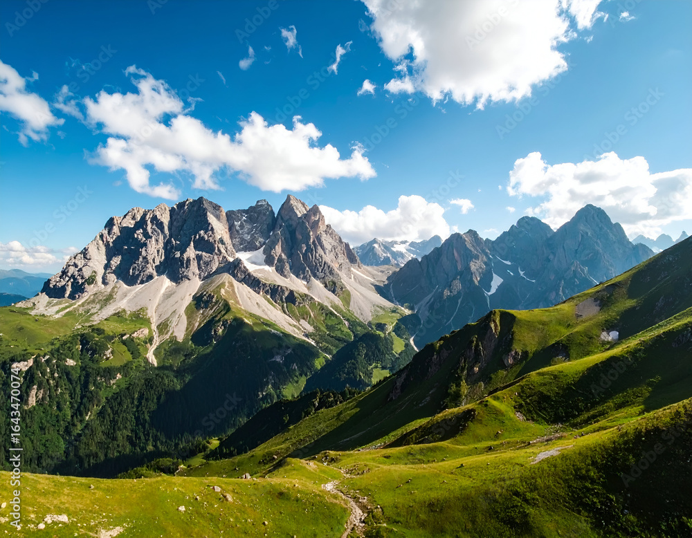 Fototapeta premium Expansive mountain landscape under a vibrant sky.