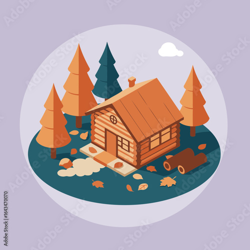 Autumnal log cabin nestled amidst a forest clearing in an isometric design. Charming, secluded retreat with fall foliage.