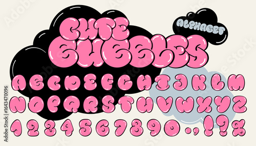 Pink bubble, cartoon font with stroke. Fashionable retro design of the late 90s early 2000s, y2k. Capital letters and numbers, vector, English alphabet.
