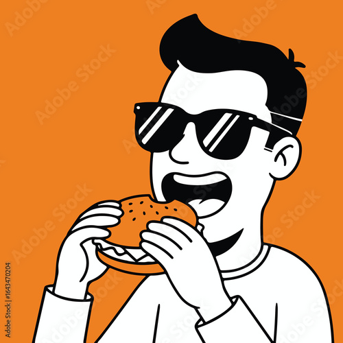 A person with sunglasses eating a burger Orange background Black outlines white filling