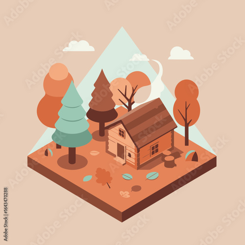 Autumnal log cabin nestled in a forest clearing with fall foliage. Isometric perspective of a tranquil woodland scene.