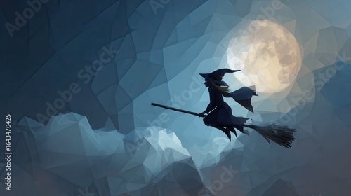 Silhouette of a Witch Flying on a Broom Under a Full Moon at Night