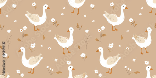 Seamless pattern with cute cartoon goose and flowers on beige background. Animal kids print design. Happy Easter print in flat style. For textiles, clothing, bed linen, office supplies