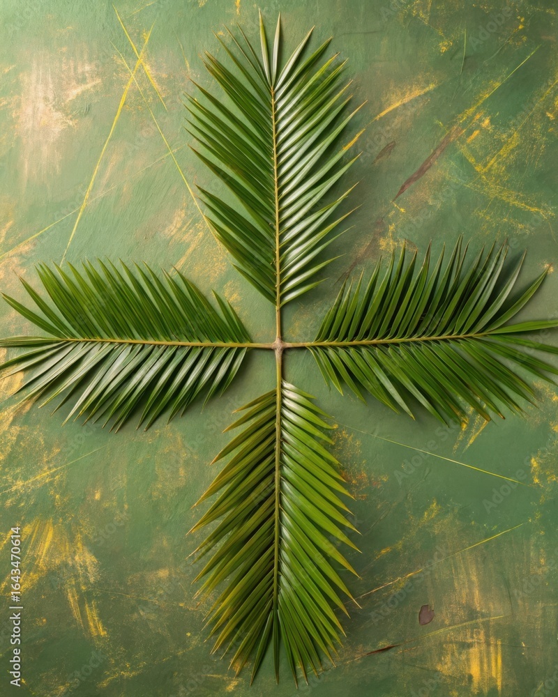 Obraz premium Four lush green palm fronds arranged in a cross shape on a textured green background