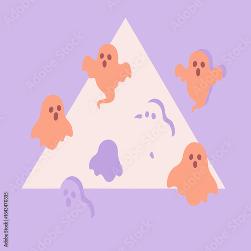 Cute ghosts in pastel colors floating in a geometric arrangement. Floating ghostly figures in pastel colors on a light-beige triangular shape with a muted purple background.