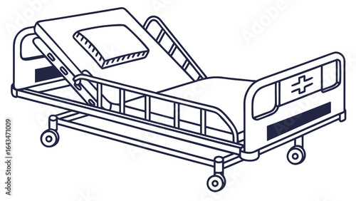 A detailed line drawing of a hospital bed with a mattress and pillow on it, showing the adjustable frame and wheels