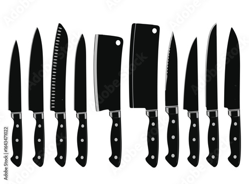 Set of Kitchen Knives - Black and White Silhouette Vector Icons