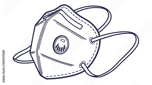 Illustration of a white n95 mask with a central valve and elastic straps in a line drawing style
